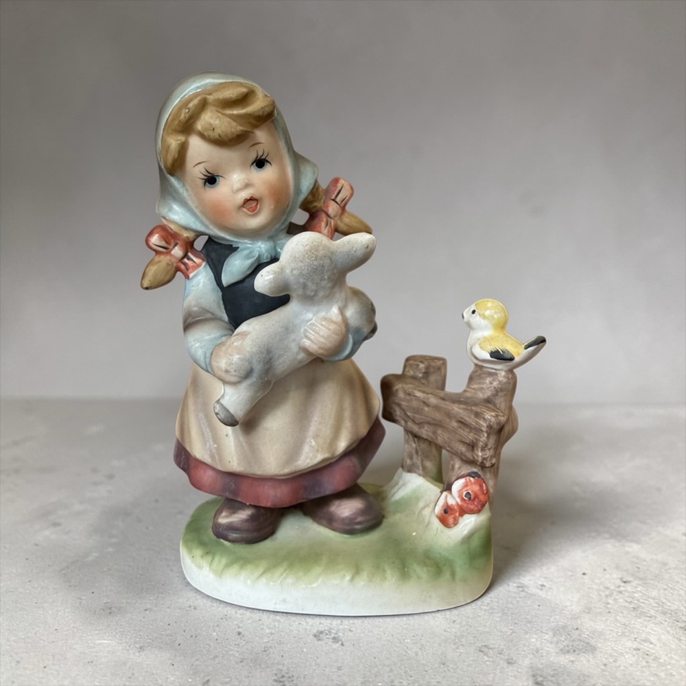 Vintage Royal Crown Porcelain Girl with Lamb Figurine Mid Century Japan